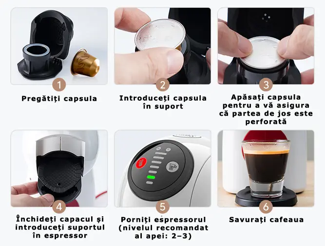Mod de utilizare a adaptorului pentru capsule Nespresso pentru aparate de cafea Dolce Gusto